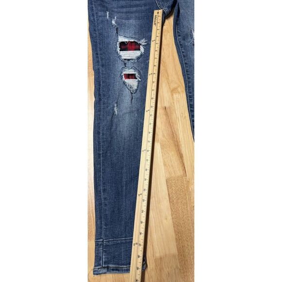 Judy Blue Skinny Fit Jeans 9/29 Distressed Buffalo Plaid Patched Flip‎ Cuffs - Picture 12 of 13